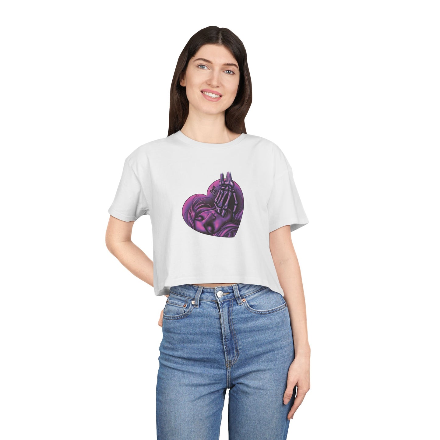 "Sucker for the Villain" PINK Heart Women's Crop Tee - FRONT PRINT