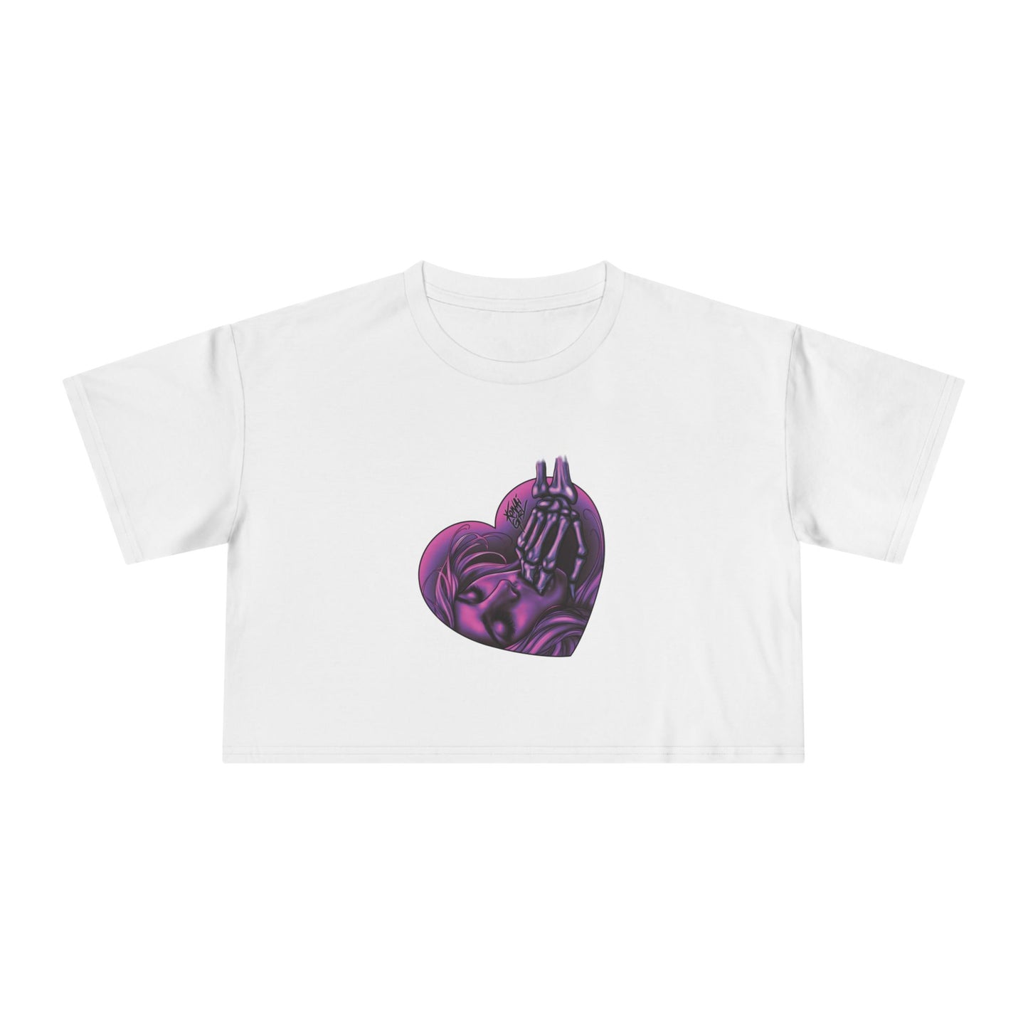 "Sucker for the Villain" PINK Heart Women's Crop Tee - FRONT PRINT
