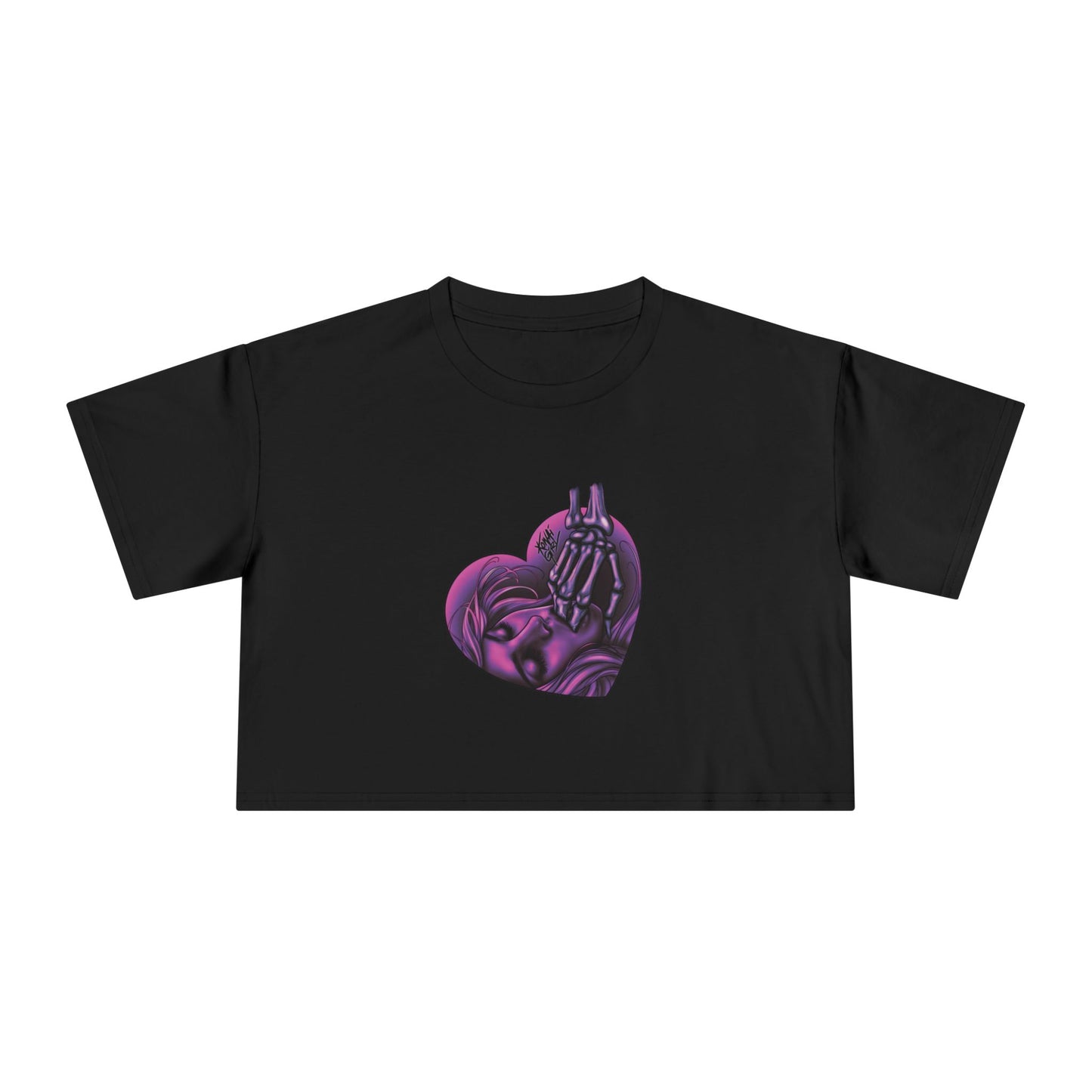 "Sucker for the Villain" PINK Heart Women's Crop Tee - FRONT PRINT